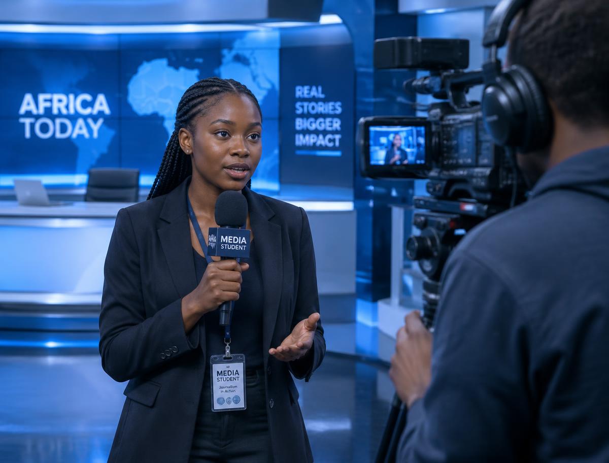 Journalism student presenting in a media studio